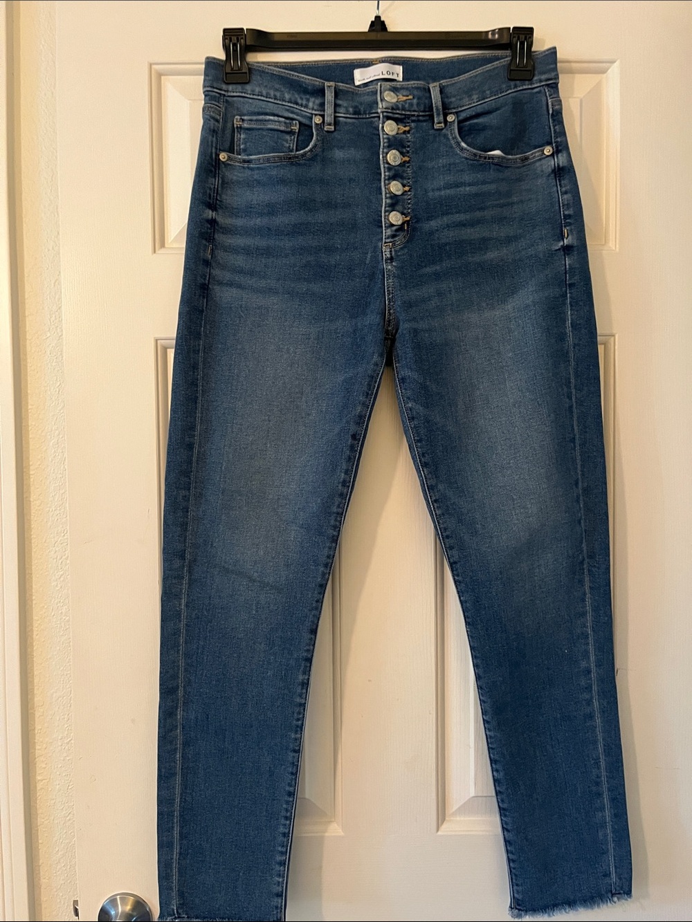 LOFT High-Rise Button-Fly Skinny Jeans - Dark Blue Denim